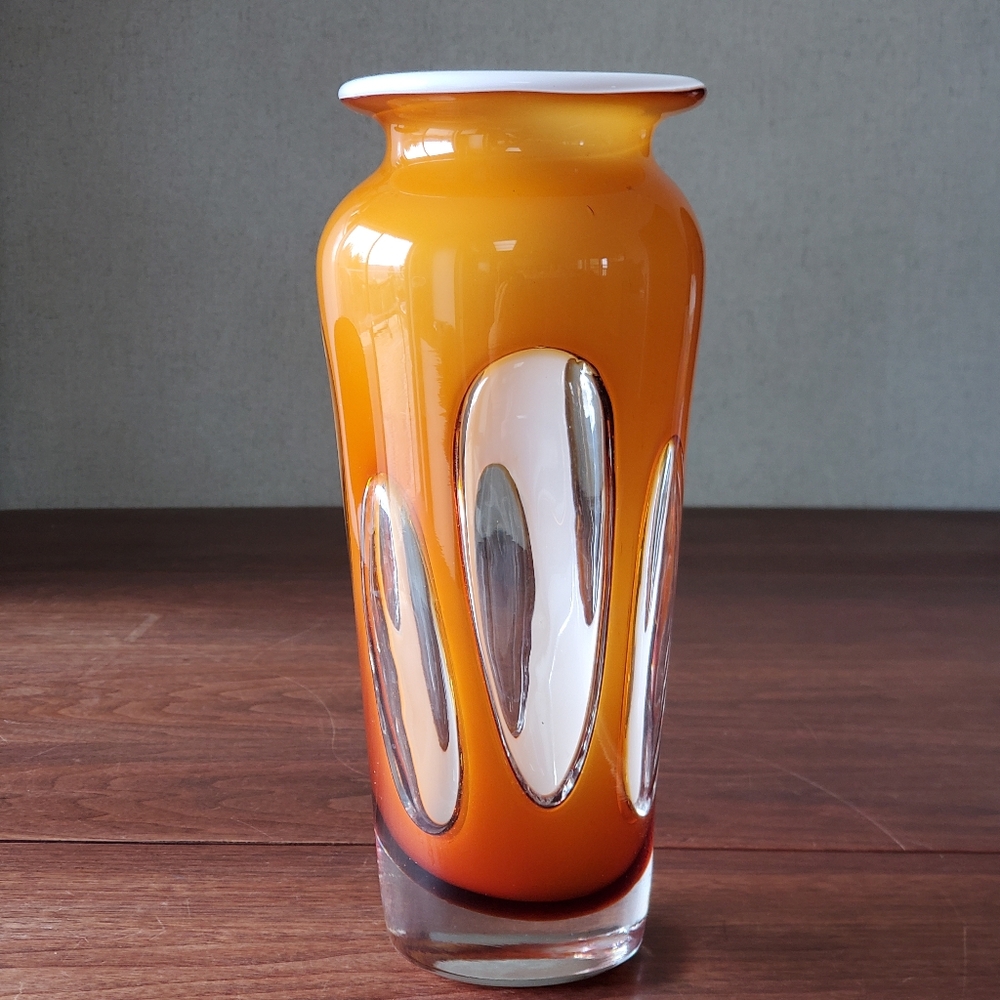 Vintage MCM Orange White Cased Art Glass Vase Cut Window Atomic 10.5”